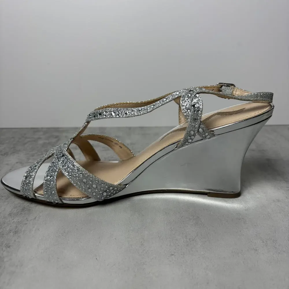Nina Vanida Wedge Strappy Silver Glitter Rhinestone Dress Sandal Women's 9.5 - Picture 6 of 12